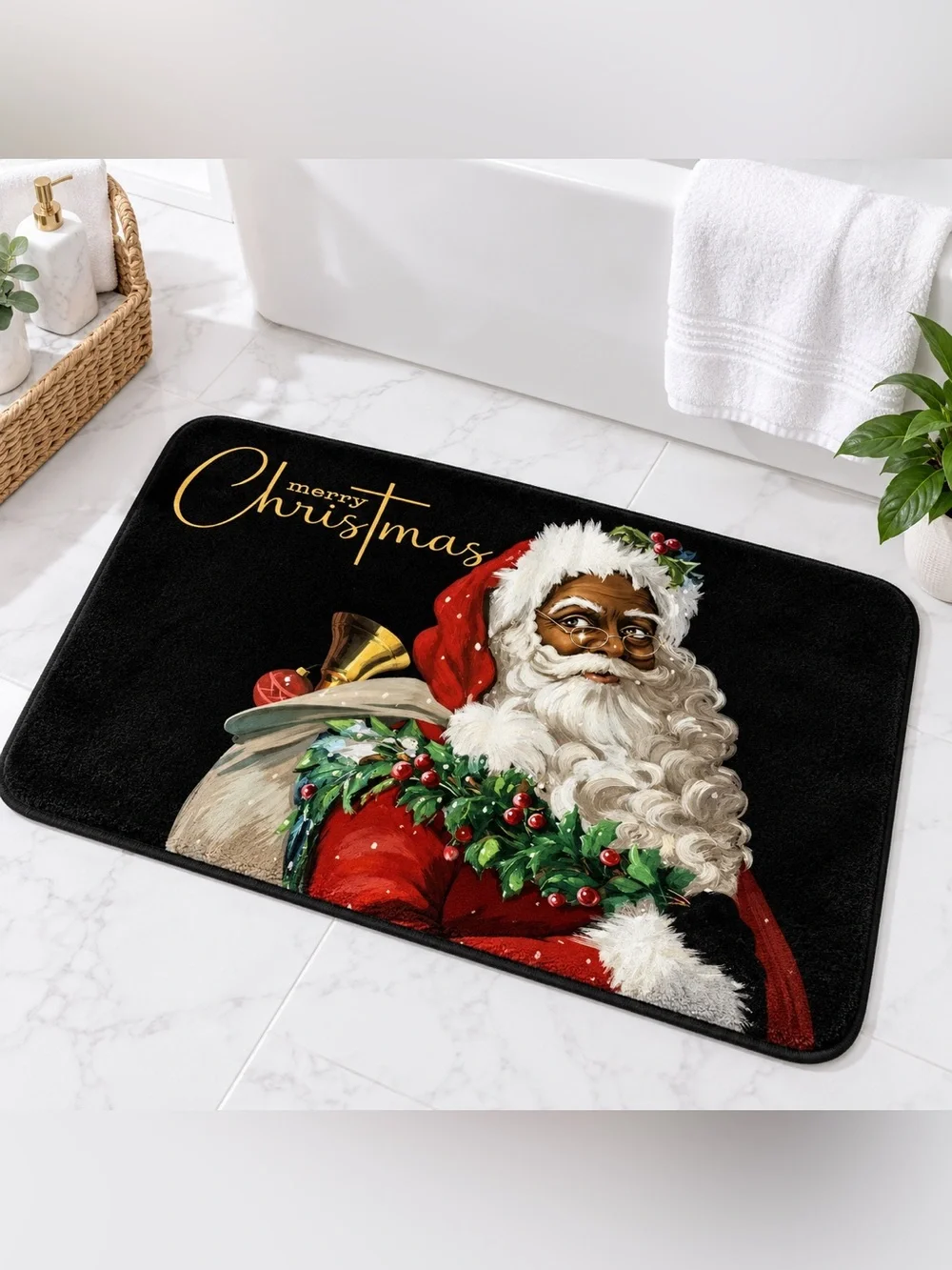 5-Piece Black Santa Merry Christmas Bathroom Set Shower Curtain & Mats